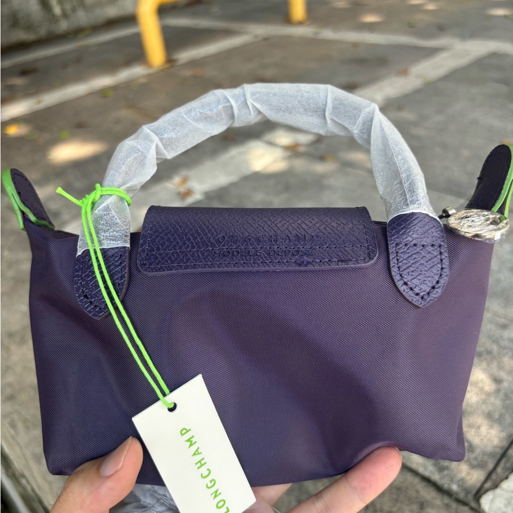 Longchamp mini top-handle bag in purple with lime trim - Picture 3 of 5